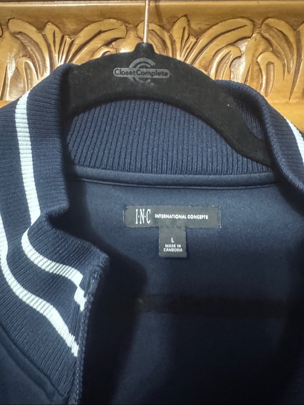 INC International Concepts Navy Zip-Up Sweater with White Stripes
